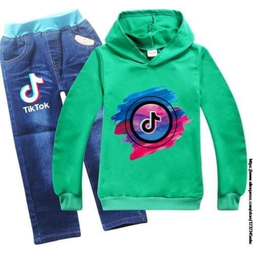 New Tik Tok Spring and Autumn, Boy, Girl, Cotton Clothes, Casual Hoodie 2 Pieces/set of Childrens Sports Jeans Suit