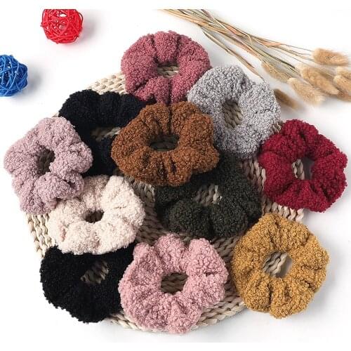 2020 New Women Cute Teddy Velvet Scrunchies Elastic Hair Band Faux Fur Hair Rope Girls Hair Tie Accessories Ponytail Holder