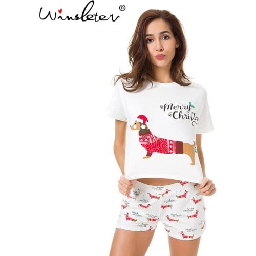 Christmas Pajama Sets Women Dachshund With Santa Hat Dog Print 2 Pieces Set Crop Top + Shorts Elastic Waist Loose pyjamas S7N001