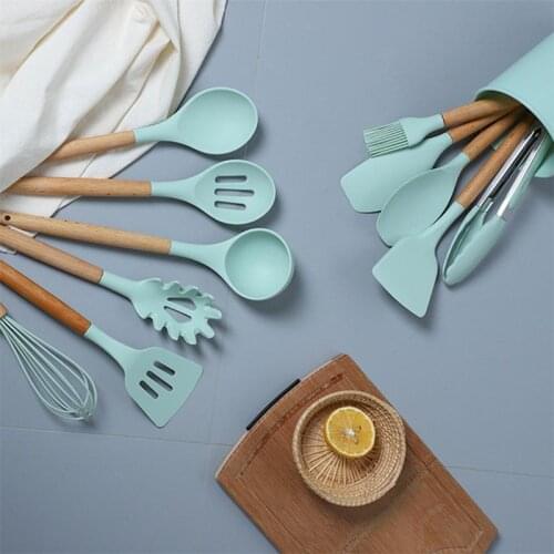 Silicone Wooden Handle Turner Soup Spoon Spatula Brush Scraper Egg Beater Non-Stick Kitchenware Kitchen Cooking Tool Accessories