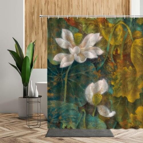 Retro Chinese Printed Shower Curtain Sets Lotus Flower Art Poster 3D Bathroom Decor Bath Screen Backdrop Fabric Curtains 240x180