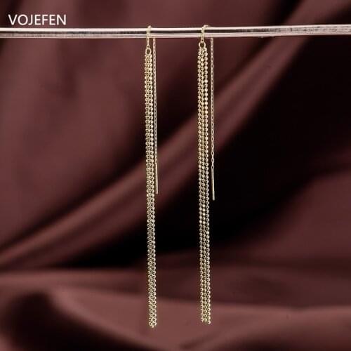 VOJEFEN Fine 18k Gold Elegant Tassel Earrings AU750 Gold Chain Dangle Drop Earrings Fringe Earingsfor Women Girls Jewellry