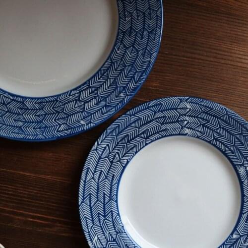 High temperature Ceramic Underglaze Color Blue Stripes Woven Relief Handmade Steak Plate