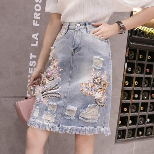 Summer Fall Fashion Women pearl Beading Flower Tassel High Waist Hole Denim Skirt Designer Woman Embroidery Vintage Jeans Skirts