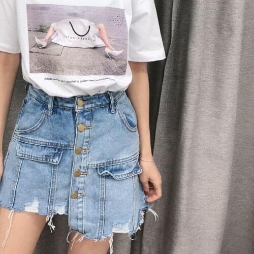 Women Harajuku Irregular Jeans Shorts Skirts Korean Buttons High Waist Kpop Denim Short Pants Casual Ripped Streetwear Shorts