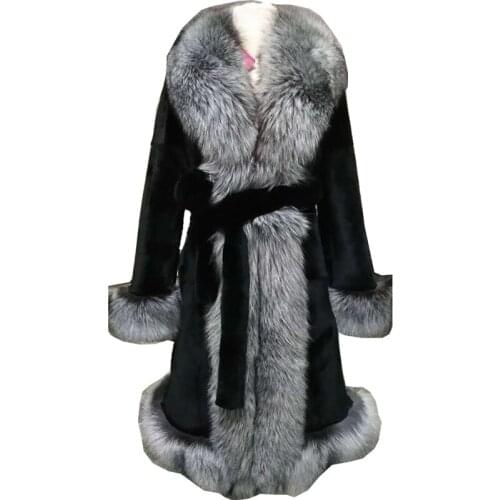 Lady Real Rex Rabbit Fur Coat Jacket Fox Fur Collar Cuff Autumn Winter Women Fur Trench Outerwear Coats Plus Size VF4049