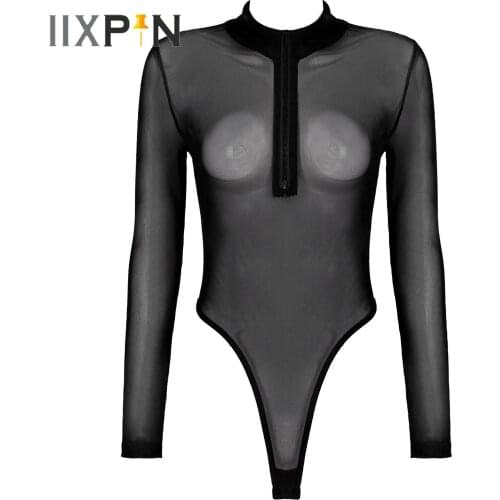 Womens See-through Mesh Romper Catsuit Long Sleeve High Cut Skinny Leotard Bodysuit Mock Neck Zipper Slim Fit Bodycon Jumpsuit