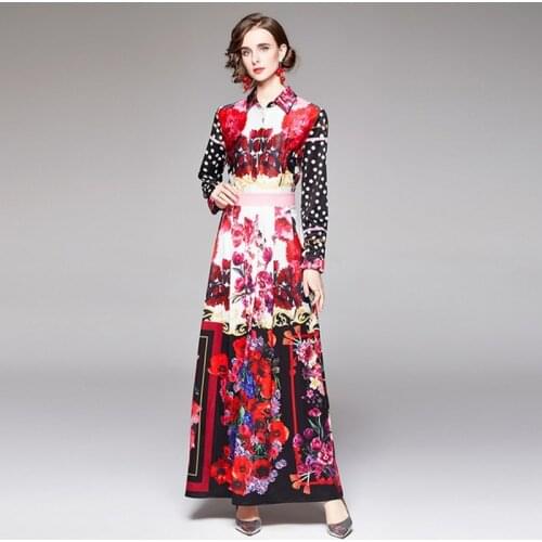 2021 Autumn Fashion Runway Overlays Flower Womens Full Sleeve Retro Floral Print Holiday Long Pleated Shirt Dresses Vestidos