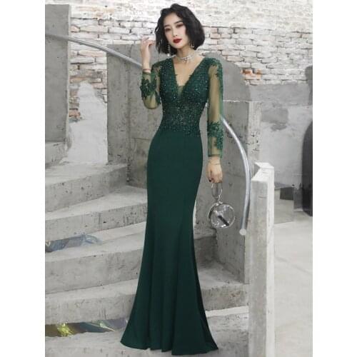 2020 Noble Mermaid Evening Dress Illusion Lace Appliques Tulle Host Dress Robe De Soiree Sexy V-neck Party Prom Evening Gown