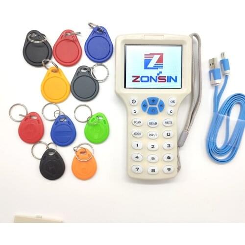 English 10 Frequency RFID Card Read- Writer RFID Copier Programmer Cloner 5Pcs 125khz Keyfobs + 5Pcs 13.56mhz UID Keyfobs
