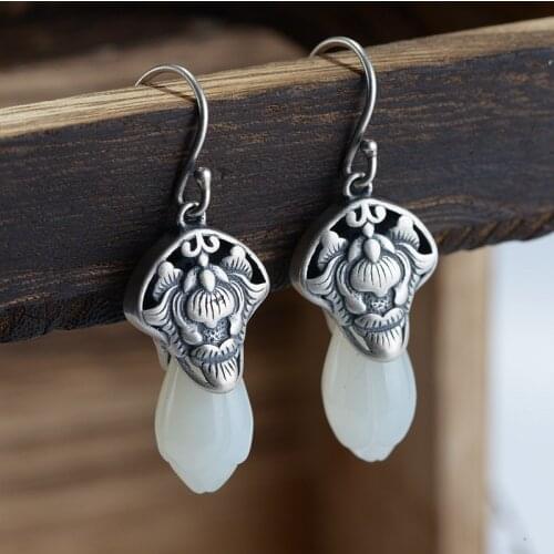 FNJ Flower Earrings 925 Silver Original Pure S925 Sterling Silver Jade Drop Earring for Women Jewelry
