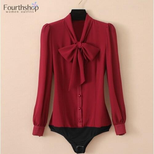 Elegant Chiffon Bodysuits Women Lantern Long Sleeve Bow Tie Neck Office Work Lady Tops and Blouses Female Formal Body Shirt 2020