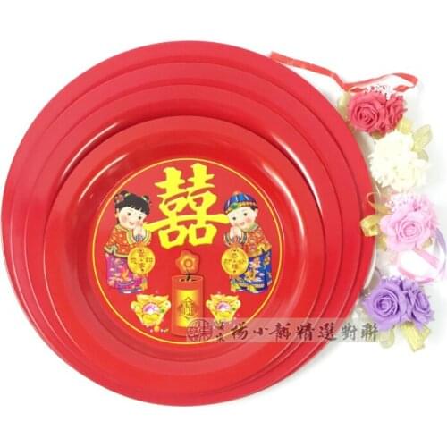 4PC SET red plate is happy circle Fruit bowl candy plate Tea tray wedding banquet stainless steel statues Home wedding
