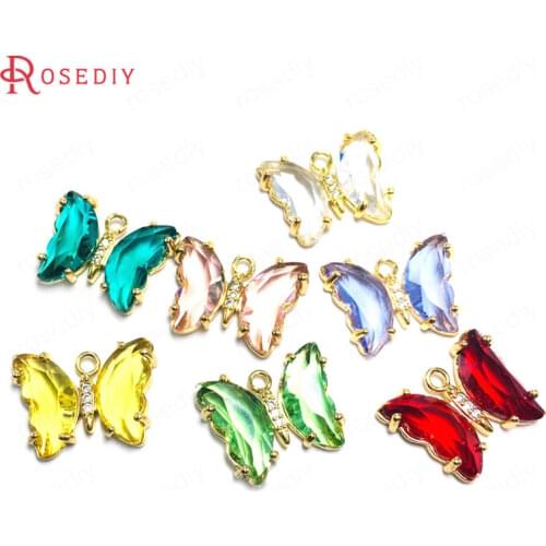 10PCS 15x20MM 24K Champagne Gold Color Brass and Zircon and Glass Butterfly Charms Pendants Jewelry Making Supplies Diy Findings