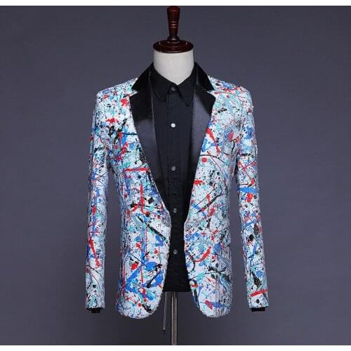 Fashion Graffiti Sequin Glitter Suit Blazer Men Nightclub Prom Blazer Jacket Men Costume Homme Stage Singer DJ Blazer Hombre XXL