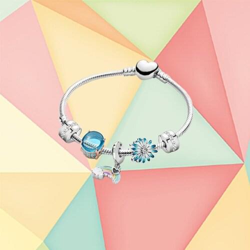 Fashionable 925 Sterling Silver Garden Series Blue Lucky Rainbow Bracelet Set, Original Diy Party Jewelry Jewelry Gift For Girls