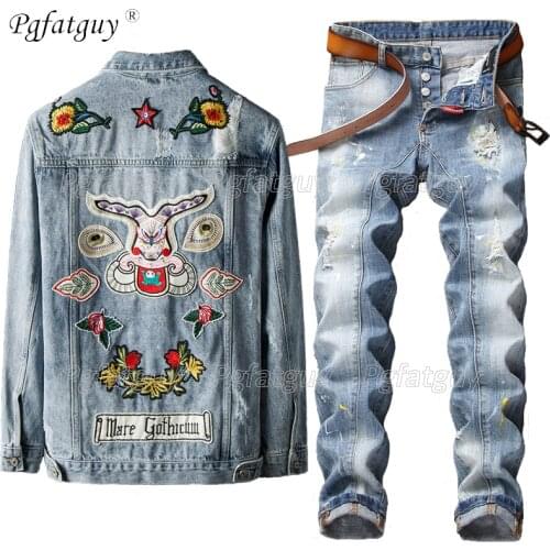 New Mens Jacket and Jeans 2 Piece Set Blue Embroidered Slim Long Sleeve Denim Jacket + Stretch Jeans Sets for Men Clothing