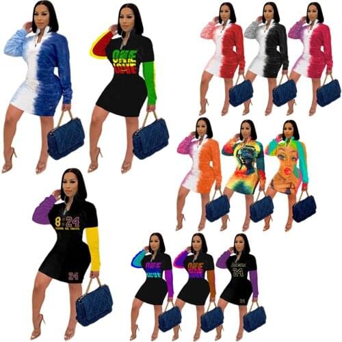 Tie Dyeing Letter Print Casual T-shirt Dress for Women Stand Collar Long Sleeve Bandage Mini Dress Harajuku Bodycon Sport Dress