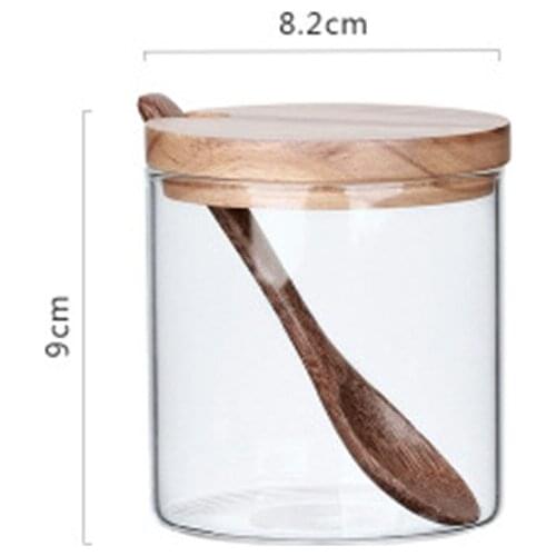 Transparent glass seasoning jar three-piece creative kitchen wooden salt shaker sugar bowl with spoon base Seasoning box set