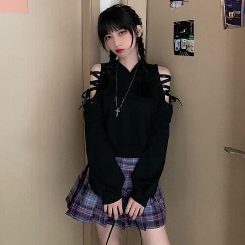 Cold shoulder long sleeve pullover y2k cropped hoodies women streetwear black goth crop top hoodie e girl hooded sweatshirt C238