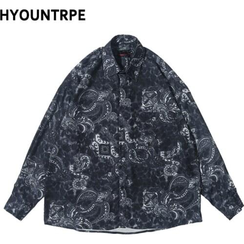 Harajuku Printed Shirts Mens 2020 New Spring Hip Hop Streetwear Casual Long Sleeve Turn Down Collar Button Up Loose Tops Shirts