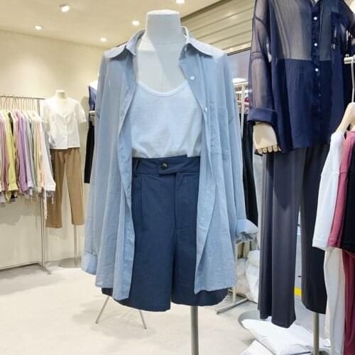 Loose Solid Women Shirts Summer New 2021 Turn-Down Collar Pocket Long-Sleeved Thin Casual All Match Female Outwear Tops