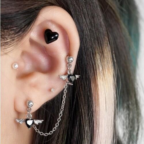 2 PCS Helix Piercing Angel Wings Double Lobe Earring Chain Cartilage Earring Studs 1.2mmbarTragus Dangle body jewelry