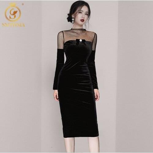 SMTHMA New Autumn Vintage Long Sleeve Dot Mesh Patchwork Velvet Knee Length Dresses Black For Female Vestidos
