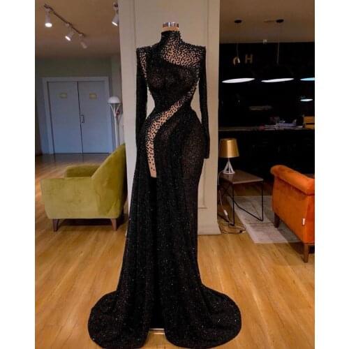 SoAyle Luxury Beaded Crystal Black Evening Dress Long Sleeves Sexy translucent Split Side Mermaid Evening Dress Vestido de festa