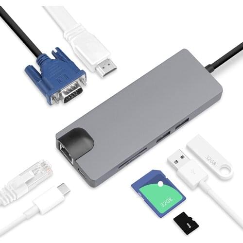 USB C Hub To USB 3.0 HDMI-compatible SD TF Slot Type-C Charging Port VGA Lan RJ45 Gigabit Adapter for Macbook Pro Air 13 15 16