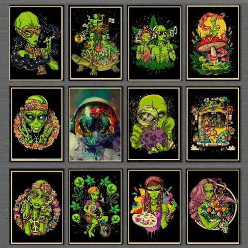 Vintage Anime Series Psychedelic Alien Retro Kraft Paper Poster For Wall Art Home Decor Living Room Pictures