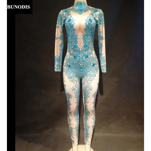 ZD318 Women Sexy Big Diamonds Jumpsuit Full Of Blue Sprakling Crystals Bodysuit Nightclub Party Dancer Singer Stage Wear Bling