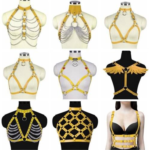 Yellow Lingerie Leather Harness Belt Chain Punk Fashion Street Bondage Top Chest Pentagram Sexy Suspender Adjustable Club Dance