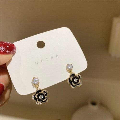 2021 New Arrival 14K Gold Plated Black Flower Stud Earrings For Women Luxury Jewelry Zircon Earrings