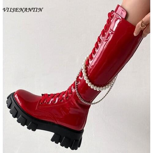 Autumn and Winter New Round Toe Thick Heel Waterproof Platform High Boots Female Side Zipper Pearl Metal Chain Knee-length Boots