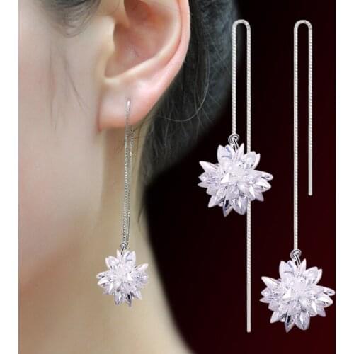 100% 925 sterling silver fashion shiny ice flower crystal ladies`drop earrings jewelry Anti allergy wholesale birthday gift