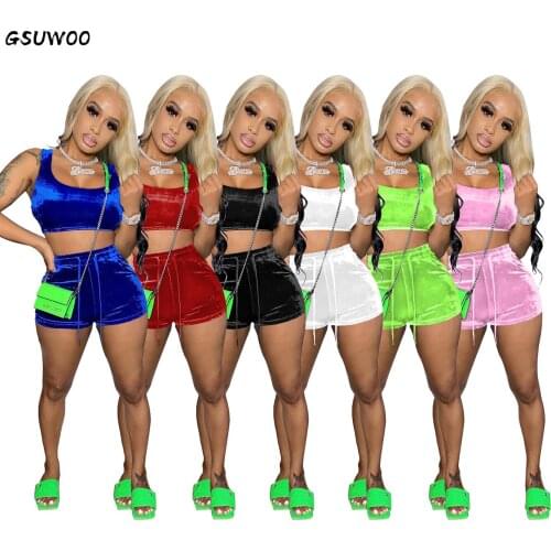 GSUWOO Women Tank Top Shorts Sportswear Sets Summer Korean Velvet Crop Top Drawstring Shorts 2pcs Tracksuit Casual Outfits