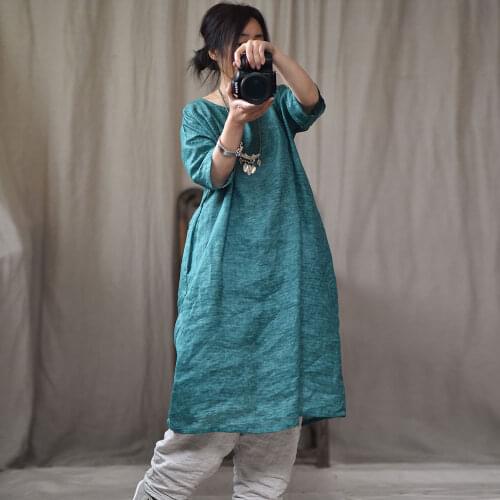 Women Spring Summer Linen printed Dress Ladies Loose Retro Vintage Print Robes Dresses Female Flax Half Sleeve Dress 2019