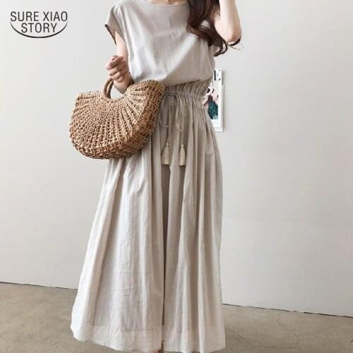 Summer Waist Loose Plus Size Dress Casual Cotton Linen A-line Literary Artistic Swing Dress Gentle Solid O-neck Belt Dress 15815
