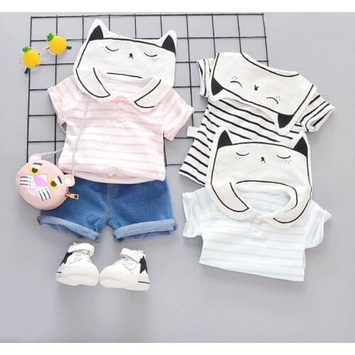 2021 Summer Girls Striped Short Sleeve Top + Denim Pants Set Cartoon Cat Lapel Boy Baby Kids Children Cute Casual Suit Outfit