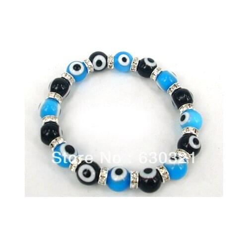 Free Shipping 10mm black & blue Glass beads lucky Evil Eye Bracelet crystal spacer
