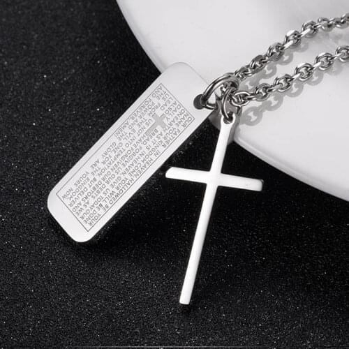 Bible Cross Mens Necklace Dog Tag Pendant Stainless Steel Scripture Christian Old Testament Jewelry 24Inch