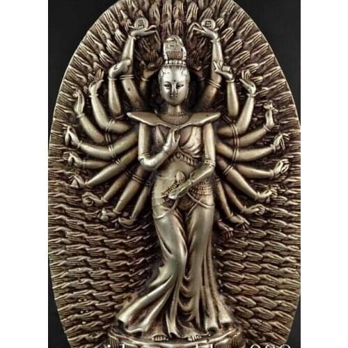 Decoration bronze factory outlets Tibet Silver 7"Chinese Buddhism Silver 1000 Hand Arm Kwan-Yin Bodhisattva Avalokitesvara