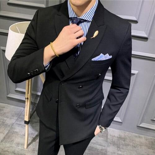 Black Double Breasted Men Suits for Business Wedding 2 Pieces Formal Groom Tuxedo Slim Fit Male Fashion Jacket with Pants 2021