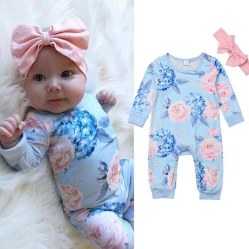 0-24M Baby Girls Romper with Headband Floral Long Sleeve O Neck Jumpsuit + Bowknot Headband Autumn Sweet 2Pcs Outfits