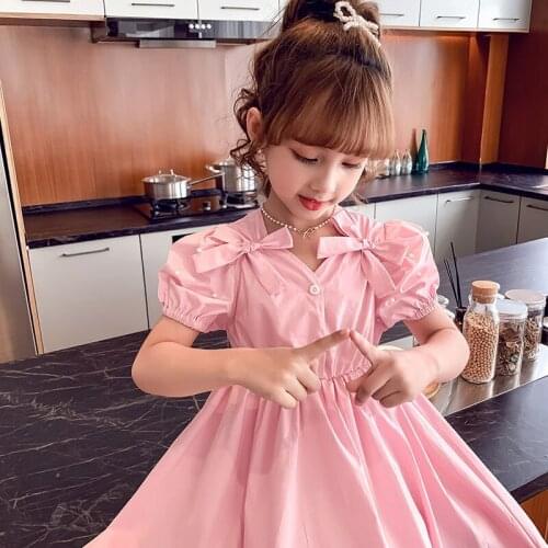 Summer Girls Dresses Bow Childrens Princess Dress Short Sleeve Two Colors Korean Style Kids Cotton Dresses for Children Costume