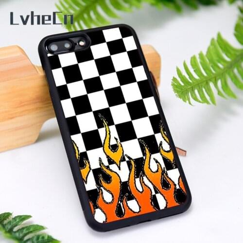LvheCn Silicone Rubber Phone Case Cover for iPhone 6 6S 7 8 Plus X XS XR 11 12 Mini Pro Max Checkerboard Flames