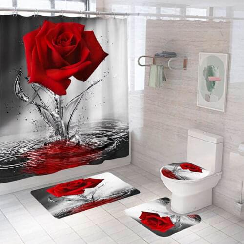 Red Rose Shower Curtain Set Non-Slip Rugs Bath Mat Toilet Lid Cover and 12 Hooks Waterproof Polyester Flower Bathroom Decor