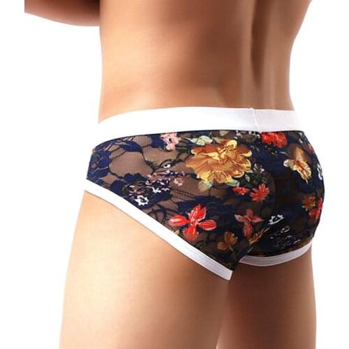 New Lace Male Underwear Mens Briefs Sexy Men Erotic Lingerie Comfortable Floral Print Underpants Perspective Porno G-Strings