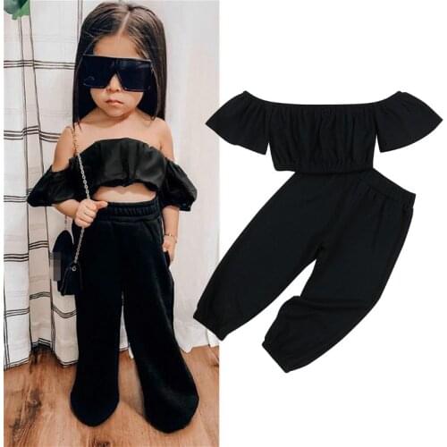 1-6Y Kids Baby Girls Clothes Sets 2021 Summer Off Shoulder Puff Sleeve Crop Tops + Long Pants Solid Color Loose Children Outfit